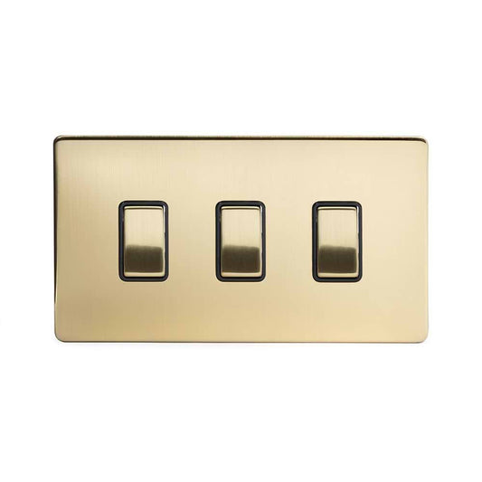The Savoy Collection Brushed Brass 3 Gang Switch With 1 Intermediate (2 x 2 Way Switch with 1 Intermediate) Blk Ins Screwless