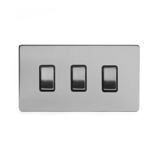 The Lombard Collection Brushed Chrome 3 Gang Switch With 1 Intermediate (2 x 2 Way Switch with 1 Intermediate) Bk Ins Screwless