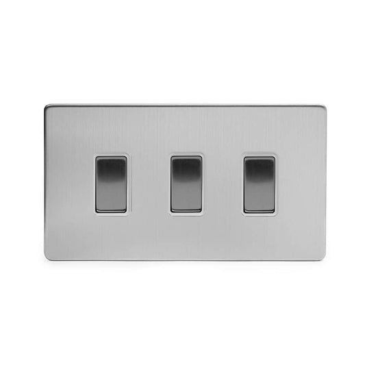 The Lombard Collection Brushed Chrome 3 Gang Switch With 1 Intermediate (2 x 2 Way Switch with 1 Intermediate) Wht Ins Screwless