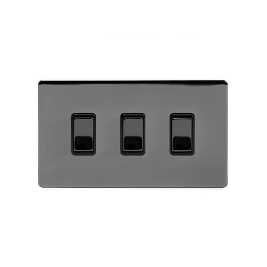 The Connaught Collection Black Nickel 3 Gang Switch With 1 Intermediate (2 x 2 Way Switch with 1 Intermediate) Bk Ins Screwless