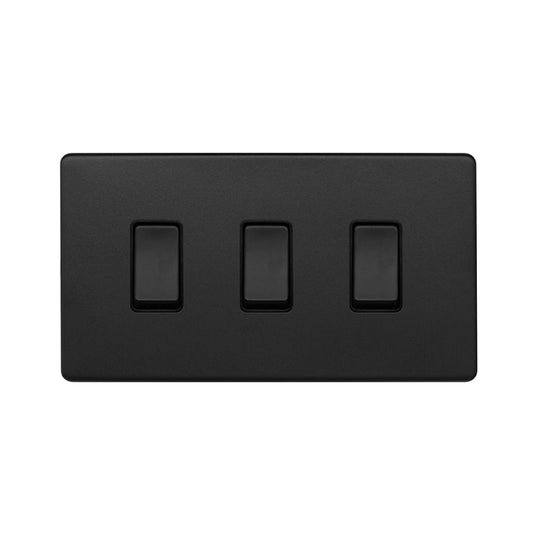 The Camden Collection Matt Black 3 Gang Switch With 1 Intermediate (2 x 2 Way Switch with 1 Intermediate) Bk Ins Screwless