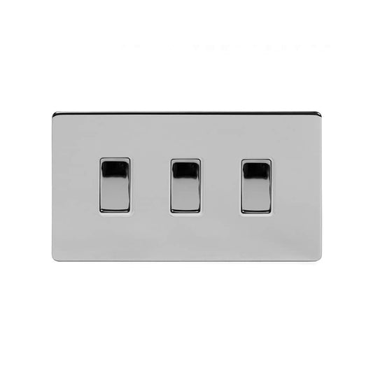 The Finsbury Collection Polished Chrome 3 Gang Switch With 1 Intermediate (2 x 2 Way Switch with 1 Intermediate) Wht Ins Screwless