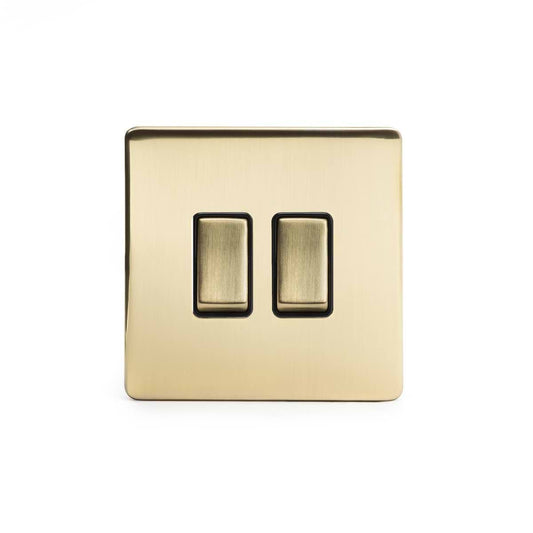 The Savoy Collection Brushed Brass 2 Gang Intermediate & 2 Way Switch Blk Ins Screwless