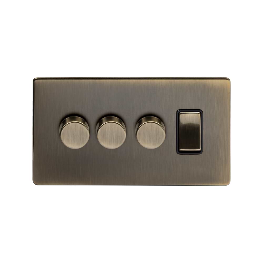 The Charterhouse Collection 4 Gang Switch with 3 Dimmers (3 x 2-Way Intelligent Dimmer & 1 x 2-Way Switch) Antique Brass