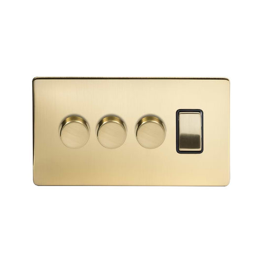The Savoy Collection Brushed Brass 4 Gang Switch with 3 Dimmers (3 x 2-Way intelligent Dimmer & 1 x 2-Way Switch)