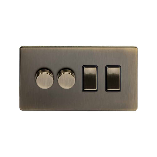 The Charterhouse Collection 4 Gang Dimmer and Rocker Switch Combo (2 x 2-Way Intelligent Dimmer & 2 x 2-Way Switch) Antique Brass