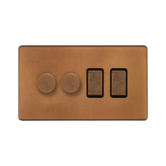 The Chiswick Collection Antique Copper 4 Gang Dimmer and Rocker Switch Combo (2 x 2-Way intelligent Dimmer & 2 x 2-Way Switch)