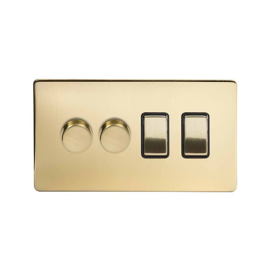 The Savoy Collection Brushed Brass 4 Gang Dimmer and Rocker Switch Combo (2 x 2-Way intelligent Dimmer & 2 x 2-Way Switch)