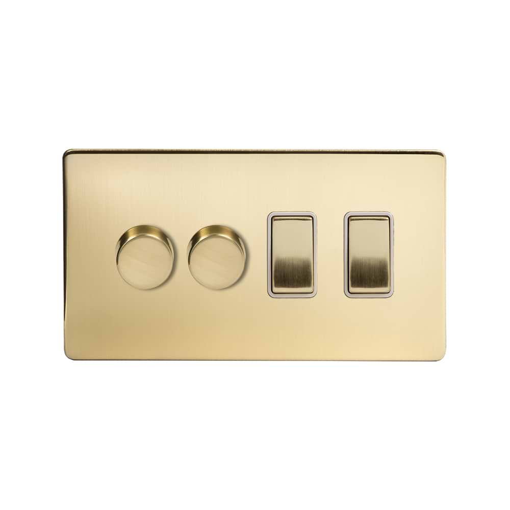 The Savoy Collection Brushed Brass 4 Gang Dimmer and Rocker Switch Combo (2 x 2-Way intelligent Dimmer & 2 x 2-Way Switch)