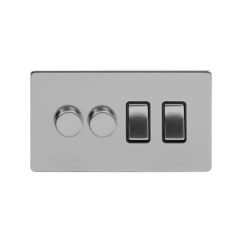 The Lombard Collection Brushed Chrome 4 Gang Dimmer and Rocker Switch Combo (2 x 2-Way intelligent Dimmer & 2 x 2-Way Switch)
