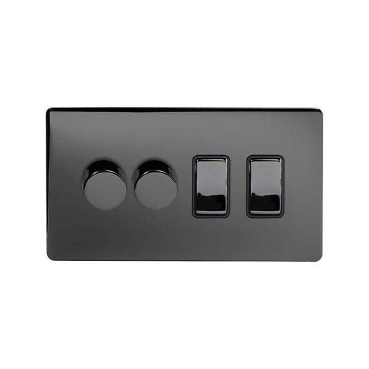 The Connaught Collection Black Nickel 4 Gang Dimmer and Rocker Switch Combo (2 x 2-Way intelligent Dimmer & 2 x 2-Way Switch)