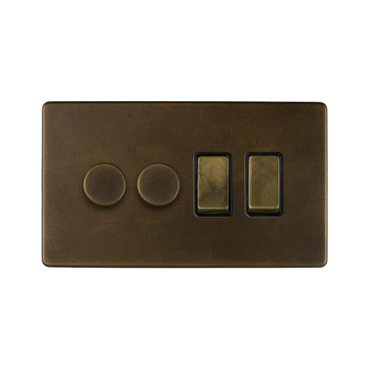 The Westminster Collection Vintage Brass 4 Gang Dimmer and Rocker Switch Combo (2 x 2-Way intelligent Dimmer & 2 x 2-Way Switch)