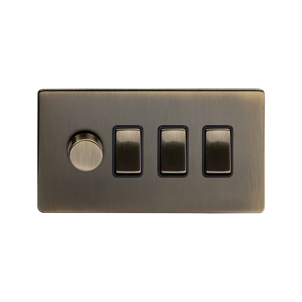 The Charterhouse Collection 4 Gang Dimmer and Rocker Switch Combo (1 x 2-Way Intelligent Dimmer & 3 x 2-Way Switch) Antique Brass