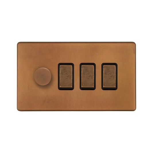 The Chiswick Collection Antique Copper 4 Gang Dimmer and Rocker Switch Combo (1 x 2-Way Intelligent Dimmer & 3 x 2-Way Switch)