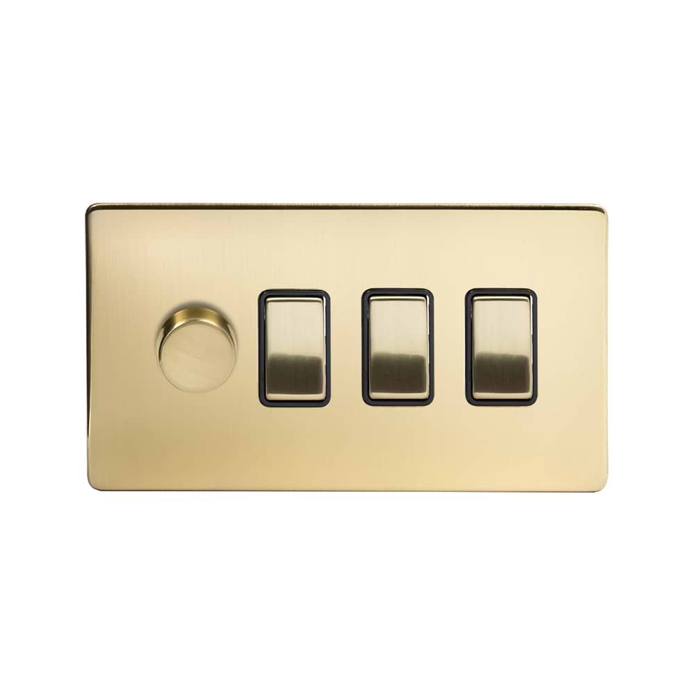 The Savoy Collection Brushed Brass 4 Gang Dimmer and Rocker Switch Combo (1 x 2-Way intelligent Dimmer & 3 x 2-Way Switch)
