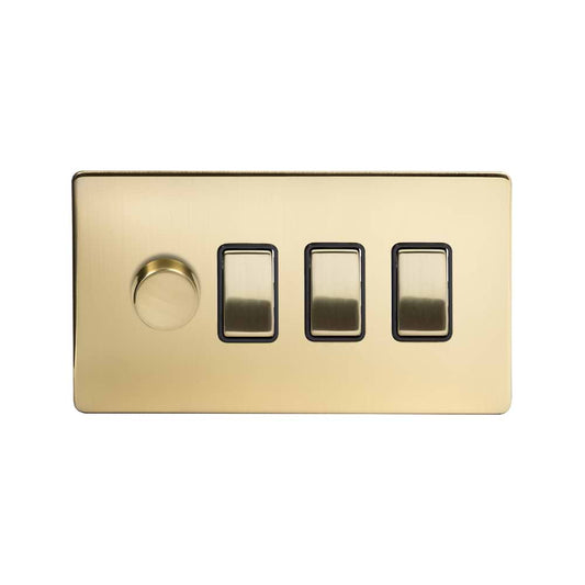 The Savoy Collection Brushed Brass 4 Gang Dimmer and Rocker Switch Combo (1 x 2-Way intelligent Dimmer & 3 x 2-Way Switch)