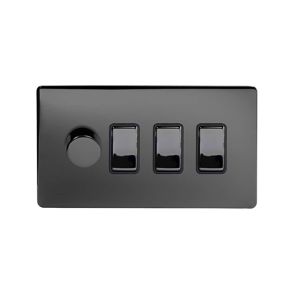 The Connaught Collection Black Nickel 4 Gang Dimmer and Rocker Switch Combo (2-Way Intelligent Dimmer & 3 x 2-Way Light Switch)