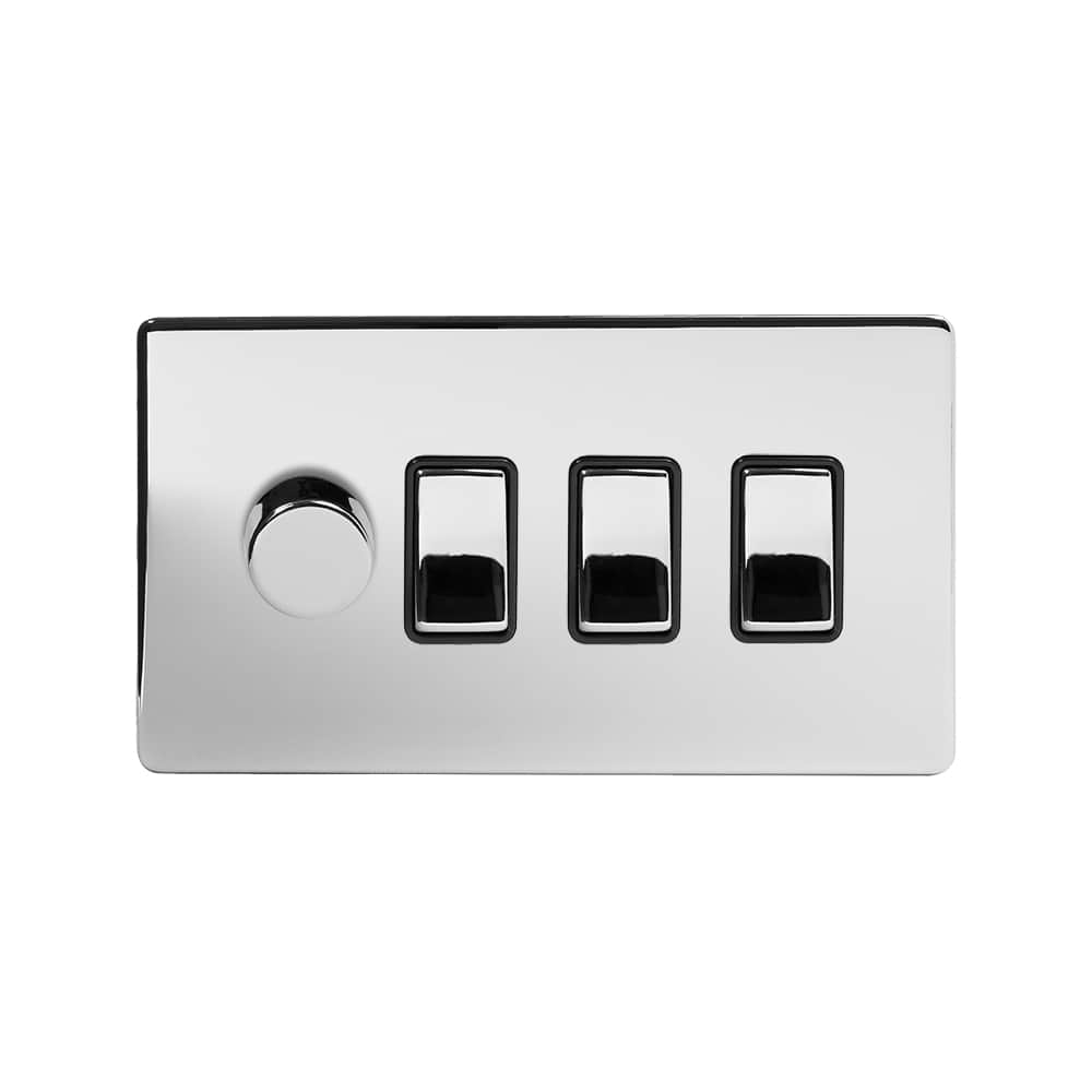 The Finsbury Collection Polished Chrome 4 Gang Dimmer and Rocker Switch Combo (1 x 2-Way intelligent Dimmer & 3 x 2-Way Switch)
