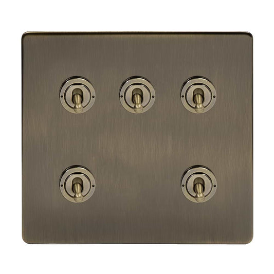 The Charterhouse Collection 5 Gang Toggle Light Switch 20A 2 Way Screwless Antique Brass