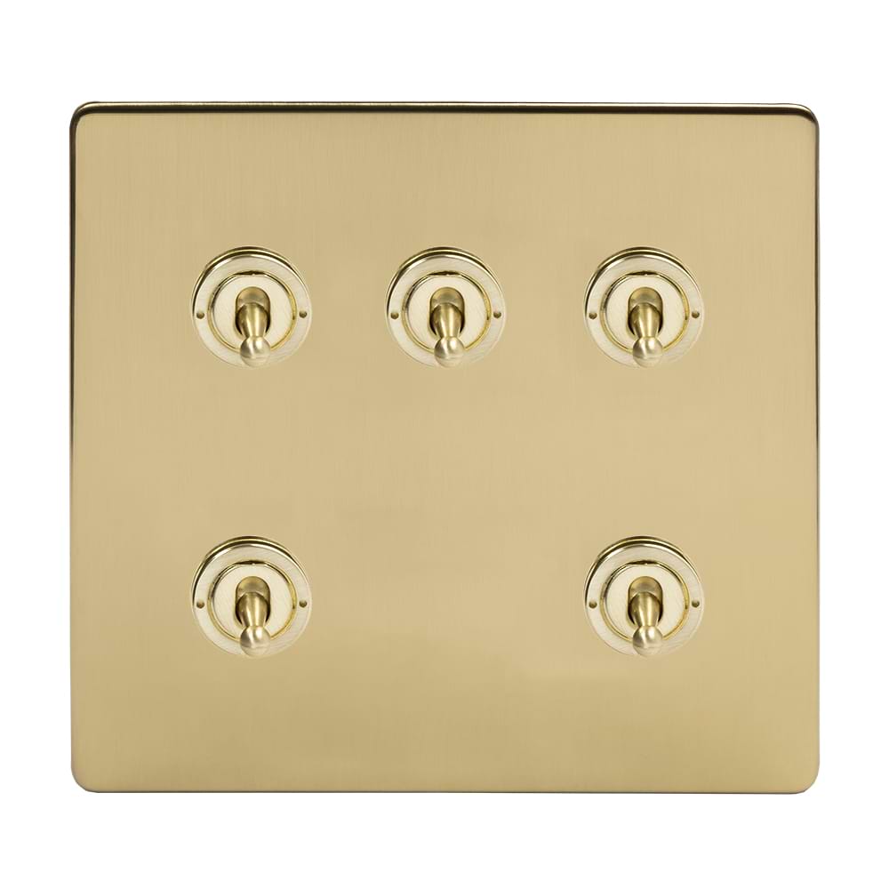 The Savoy Collection Brushed Brass 5 Gang Toggle Light Switch 20A 2 Way Screwless