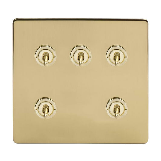 The Savoy Collection Brushed Brass 5 Gang Toggle Light Switch 20A 2 Way Screwless