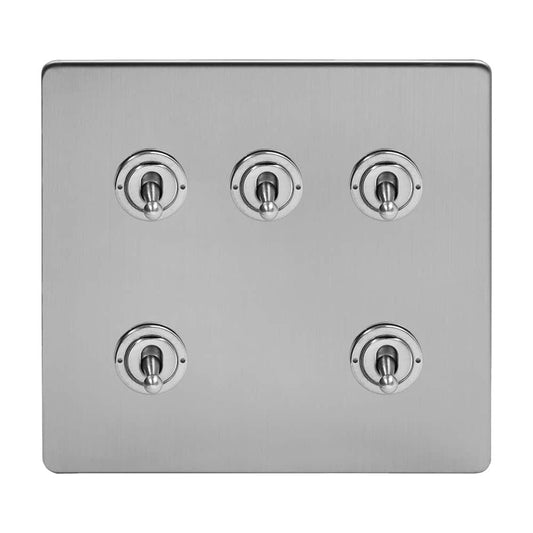 The Lombard Collection Brushed Chrome 5 Gang Toggle Light Switch 20A 2 Way Screwless