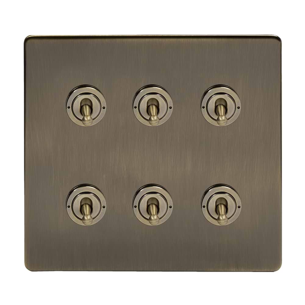 The Charterhouse Collection 6 Gang Toggle Light Switch 20A 2 Way Screwless Antique Brass