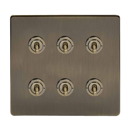 The Charterhouse Collection 6 Gang Toggle Light Switch 20A 2 Way Screwless Antique Brass