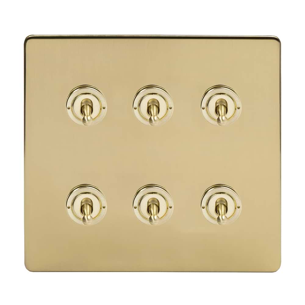 The Savoy Collection Brushed Brass 6 Gang Toggle Light Switch 20A 2 Way Screwless