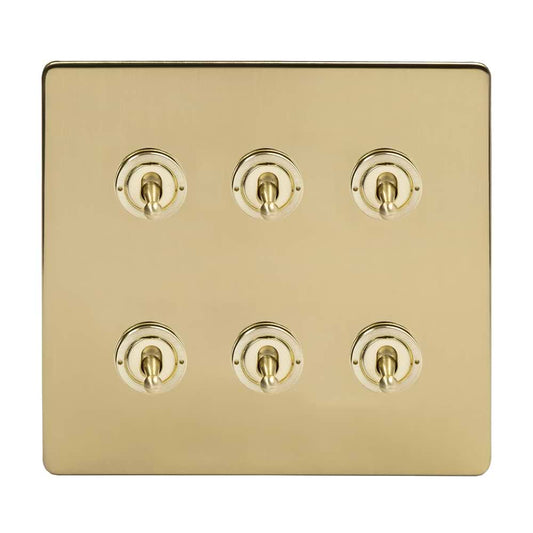 The Savoy Collection Brushed Brass 6 Gang Toggle Light Switch 20A 2 Way Screwless
