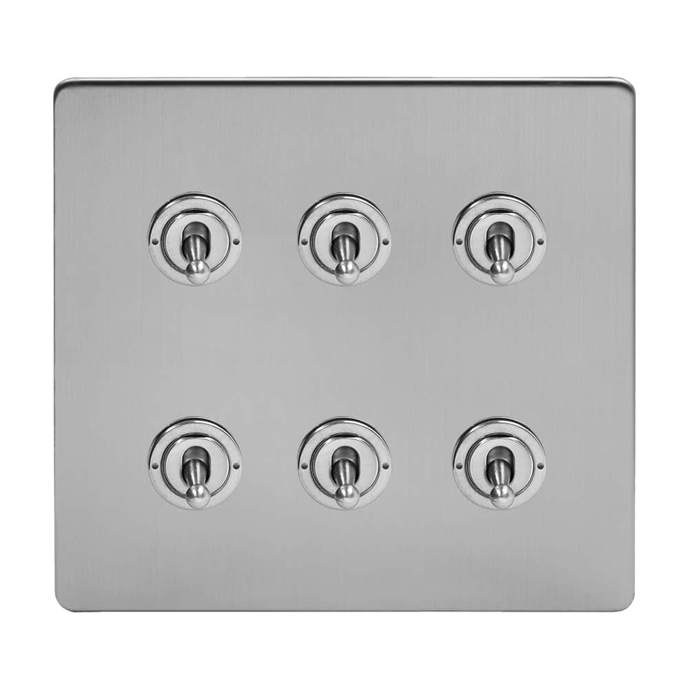 The Lombard Collection Brushed Chrome 6 Gang Toggle Light Switch 20A 2 Way Screwless