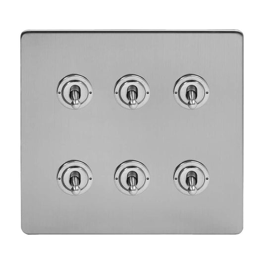 The Lombard Collection Brushed Chrome 6 Gang Toggle Light Switch 20A 2 Way Screwless