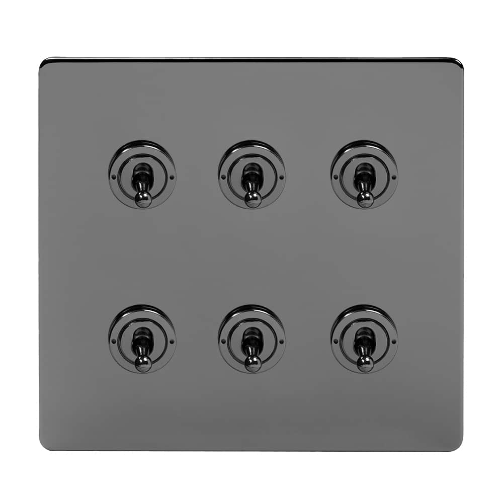 The Connaught Collection Black Nickel 6 Gang Toggle Light Switch 20A 2 Way Screwless