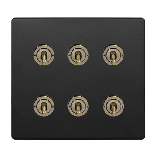 Soho Lighting Matt Black and Antique Brass 6 Gang Toggle Light Switch 20A 2 Way