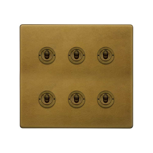 The Belgravia Collection Old Brass 6 Gang Toggle Light Switch 20A 2 Way
