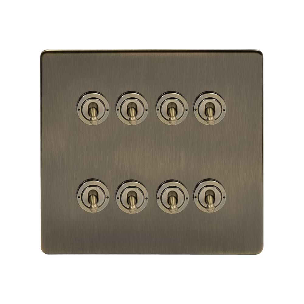 The Charterhouse Collection 8 Gang Toggle Light Switch 20A 2 Way Screwless Antique Brass