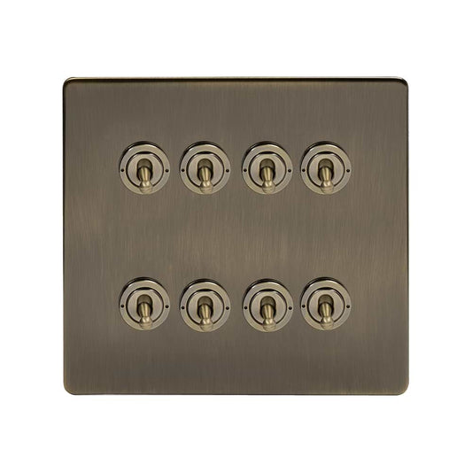 The Charterhouse Collection 8 Gang Toggle Light Switch 20A 2 Way Screwless Antique Brass