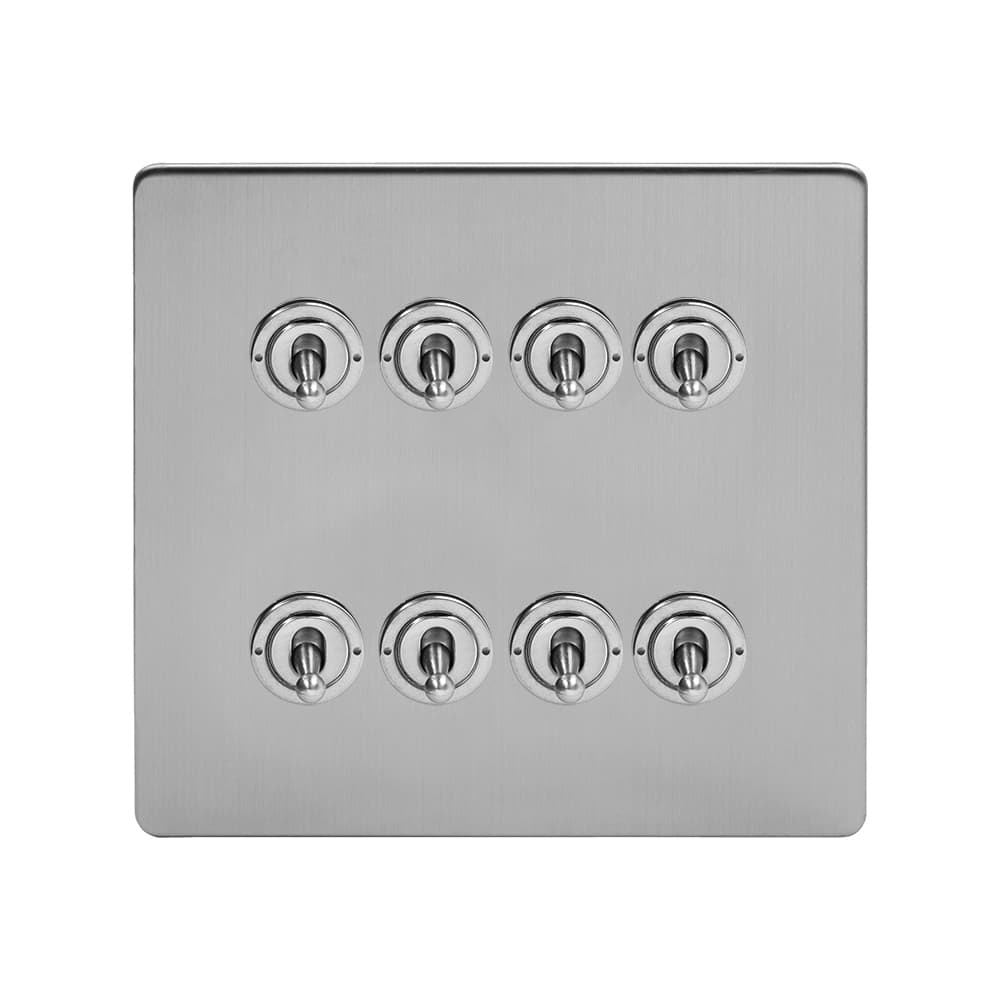 The Lombard Collection Brushed Chrome 8 Gang Toggle Light Switch 20A 2 Way Screwless