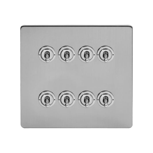 The Lombard Collection Brushed Chrome 8 Gang Toggle Light Switch 20A 2 Way Screwless