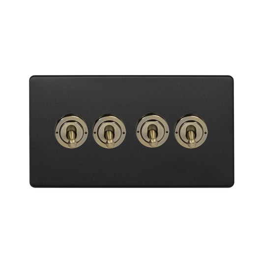 Soho Lighting Matt Black and Antique Brass 4 Gang Intermediate Toggle Switch