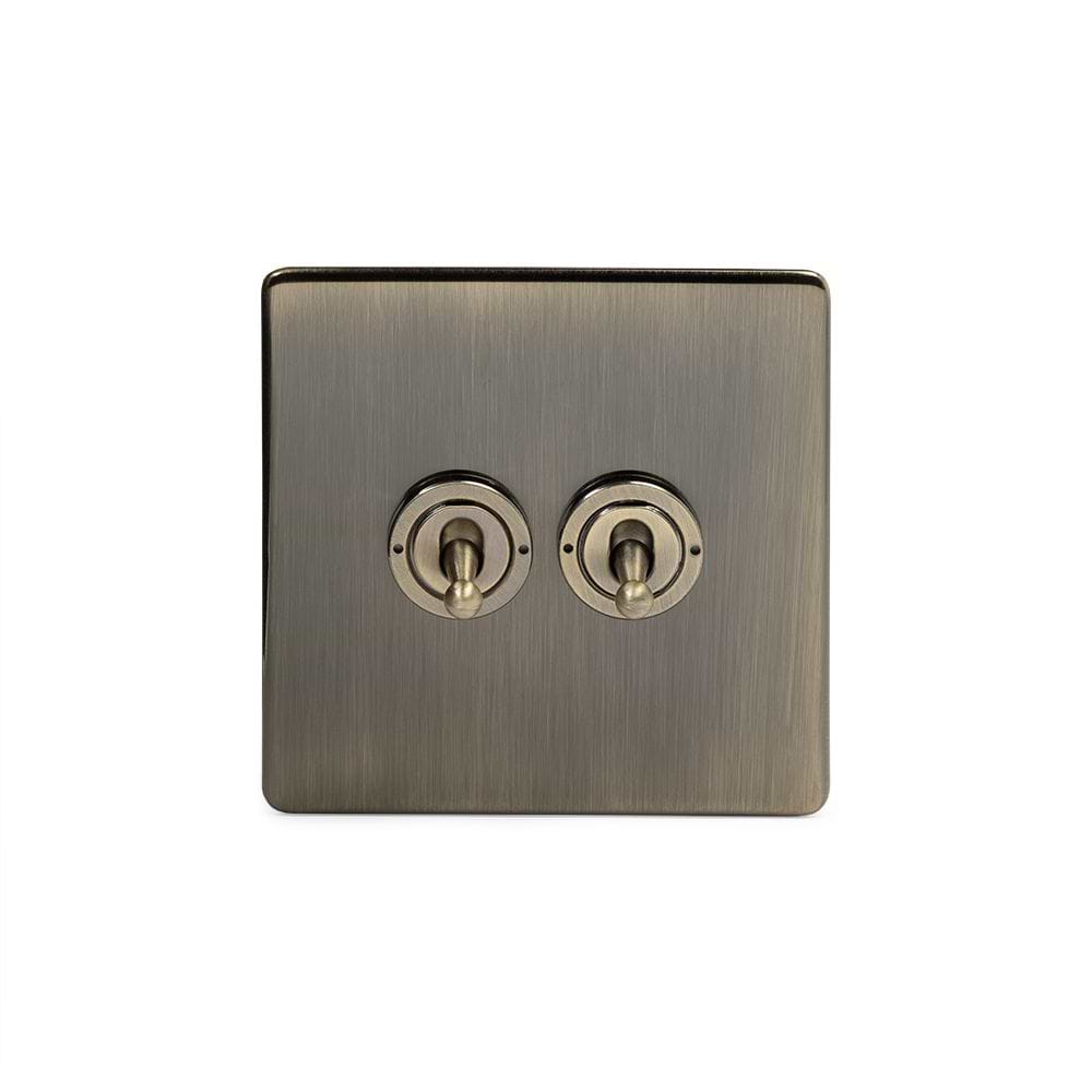 The Charterhouse Collection 2 Gang Retractive Toggle Switch Screwless Antique Brass