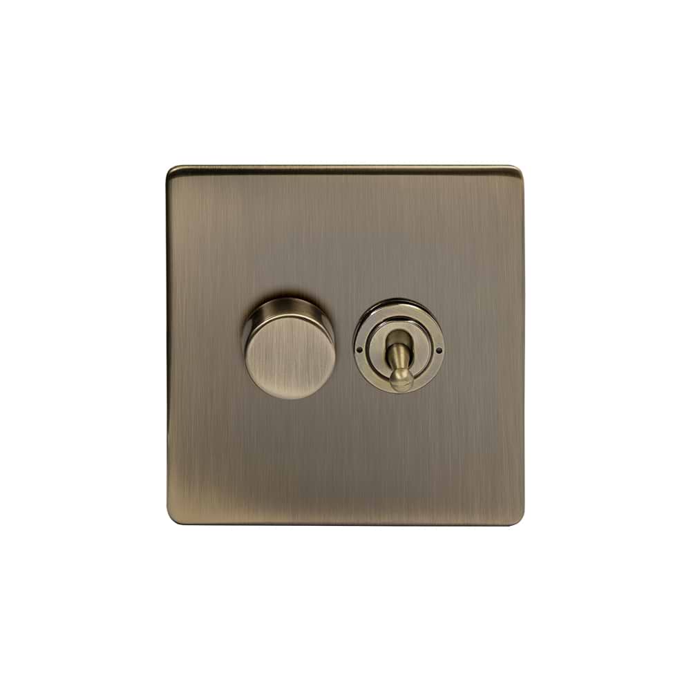 The Charterhouse Collection 2 Gang Dimmer and Toggle Switch Combo (1 x 2 Way Intelligent Dimmer 1 x 20A 2 Way Toggle) Antique Brass