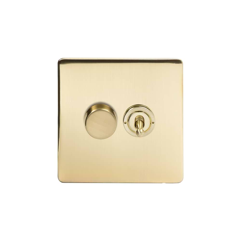 The Savoy Collection Brushed Brass 2 Gang Dimmer and Toggle Switch Combo (1x150W LED Dimmer 1x20A 2 Way Toggle)
