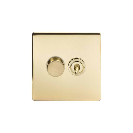 The Savoy Collection Brushed Brass 2 Gang Dimmer and Toggle Switch Combo (1x150W LED Dimmer 1x20A 2 Way Toggle)