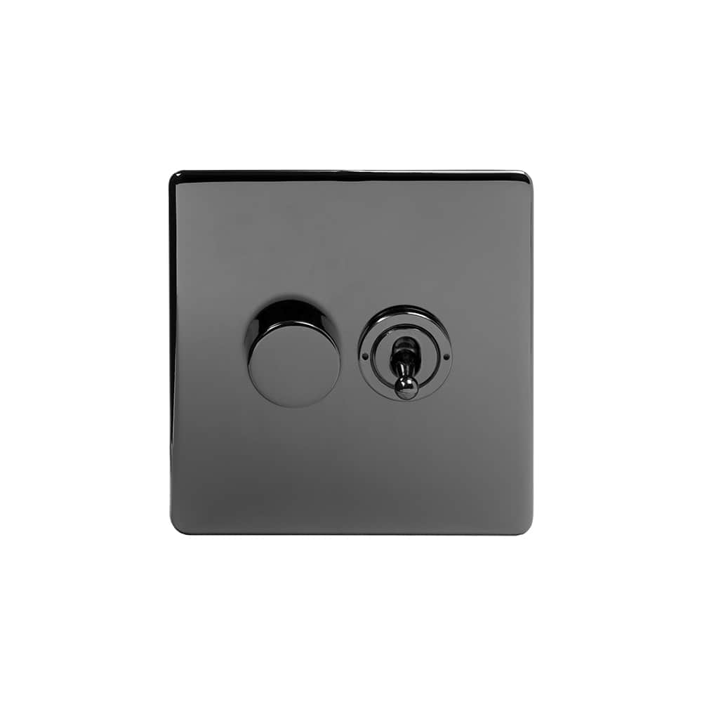 The Connaught Collection Black Nickel 2 Gang Dimmer and Toggle Switch Combo (1x150W LED Dimmer 1x20A 2 Way Toggle)