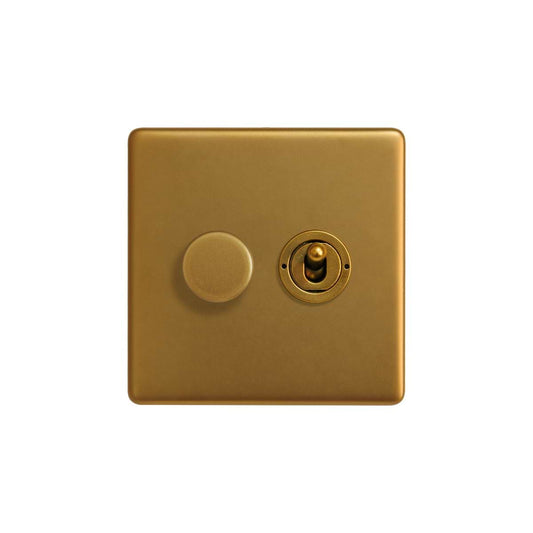 The Sloane Collection Antique Gold 2 Gang Dimmer and Toggle Switch Combo (1x150W LED Dimmer 1x20A 2 Way Toggle)