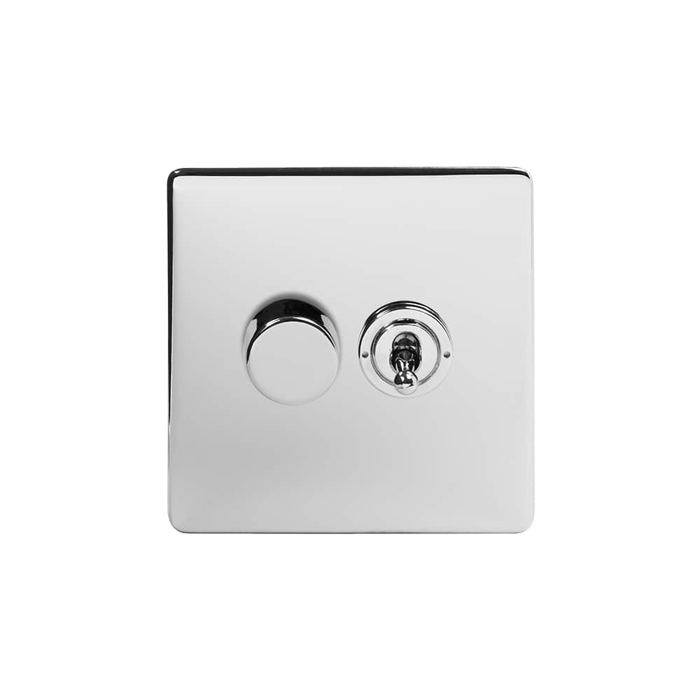 The Finsbury Collection Polished Chrome 2 Gang Dimmer and Toggle Switch Combo (1x150W LED Dimmer 1x20A 2 Way Toggle)