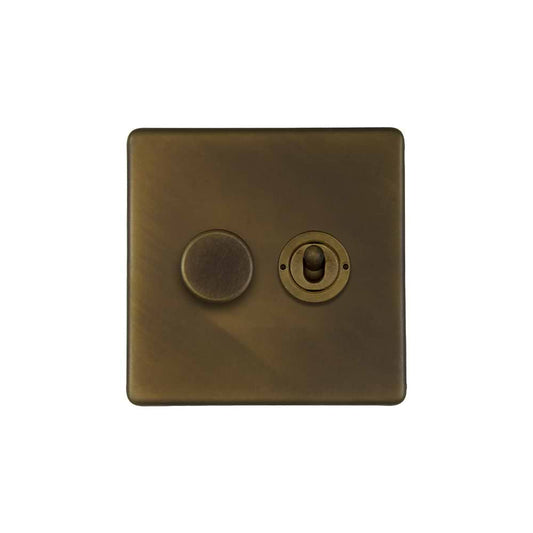 The Westminster Collection Vintage Brass 2 Gang Dimmer and Toggle Switch Combo (1 x 150W LED Dimmer 1 x 20A 2 Way Toggle)