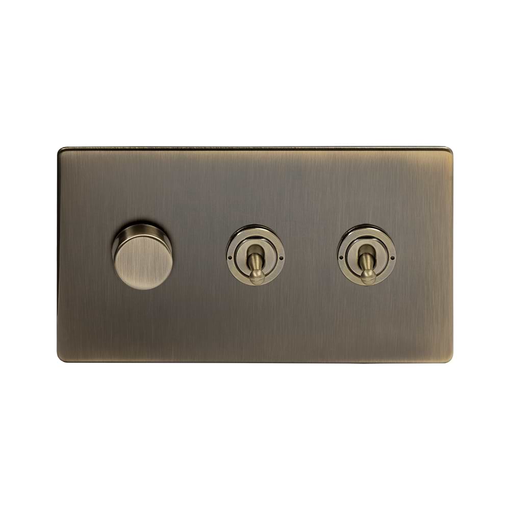 The Charterhouse Collection 3 Gang Switch with 1 Dimmer (1 x 2 Way Intelligent Dimmer 2 x 20A 2 Way Toggle) Antique Brass