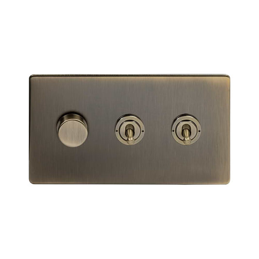 The Charterhouse Collection 3 Gang Switch with 1 Dimmer (1 x 2 Way Intelligent Dimmer 2 x 20A 2 Way Toggle) Antique Brass
